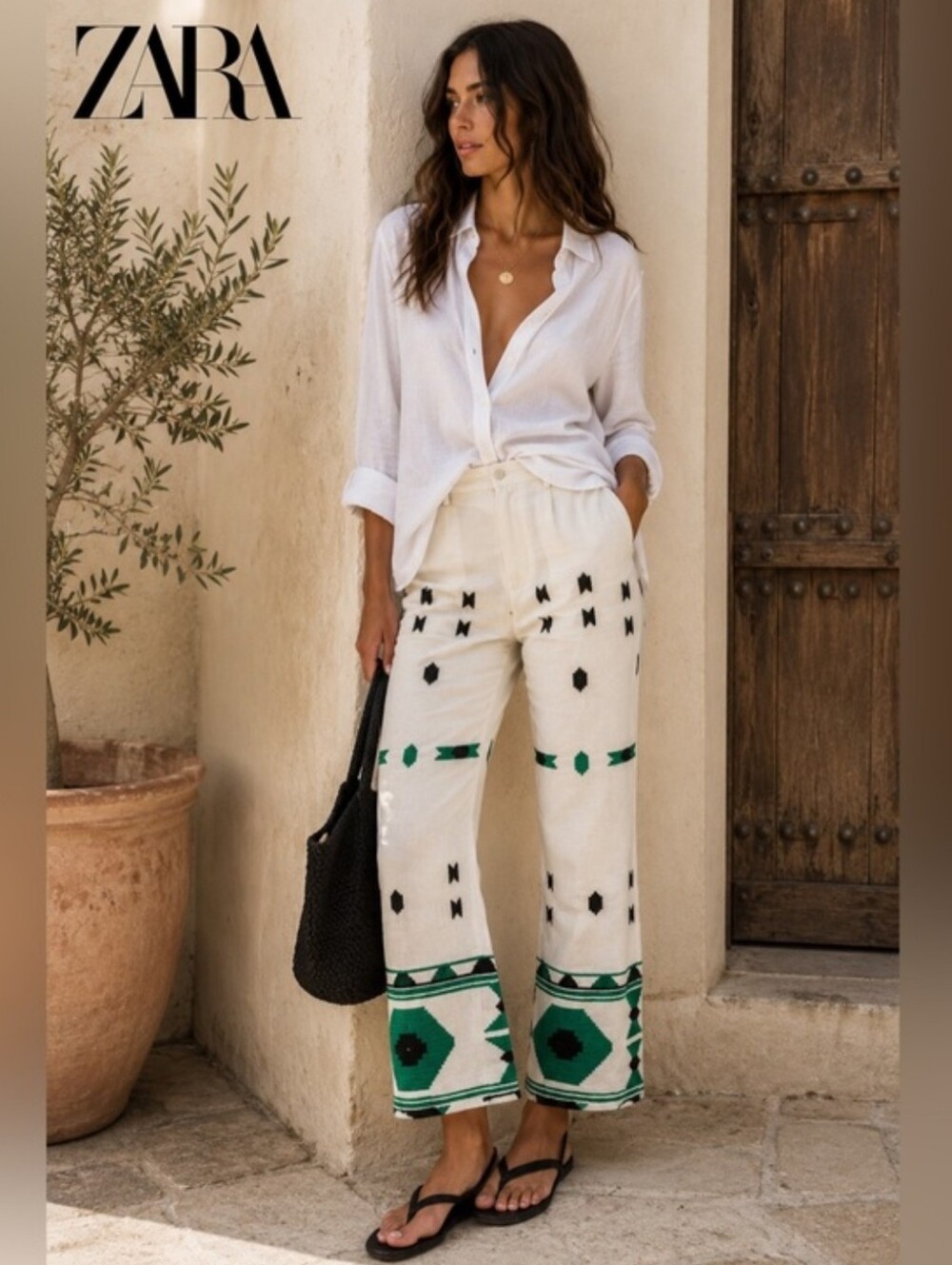 Blogger Fav! ZARA Linen Embroidered Ankle Pant Trouser Crop High Rise Straight